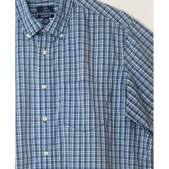 George Mens Shirt  Blue ‎ Plaid Short Sleeve Button Up Single Pocket - Picture 3 of 10